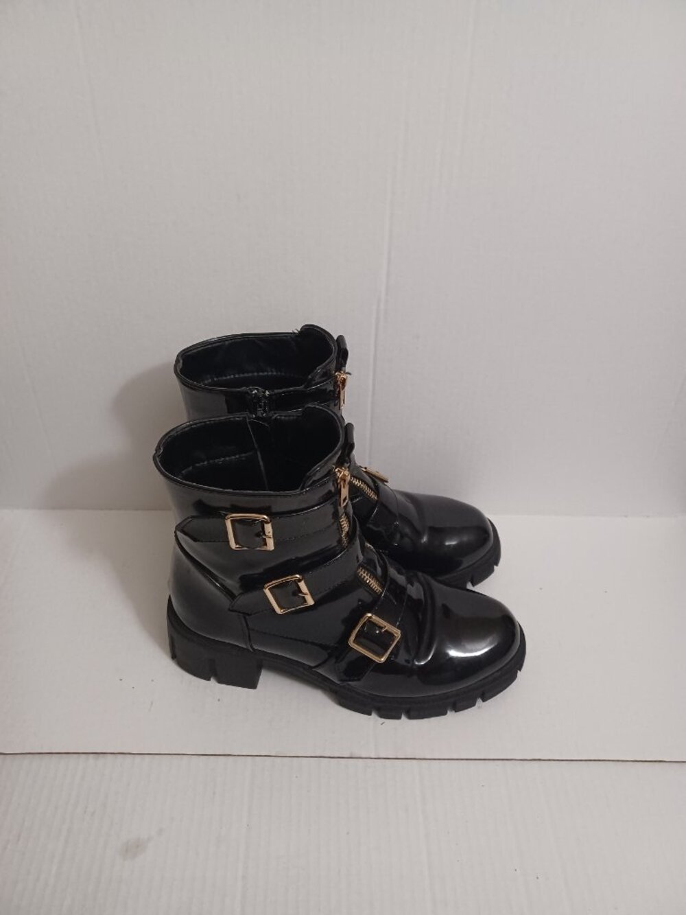 Tinstree Faux Patent Leather Moto Boots Black Size 9